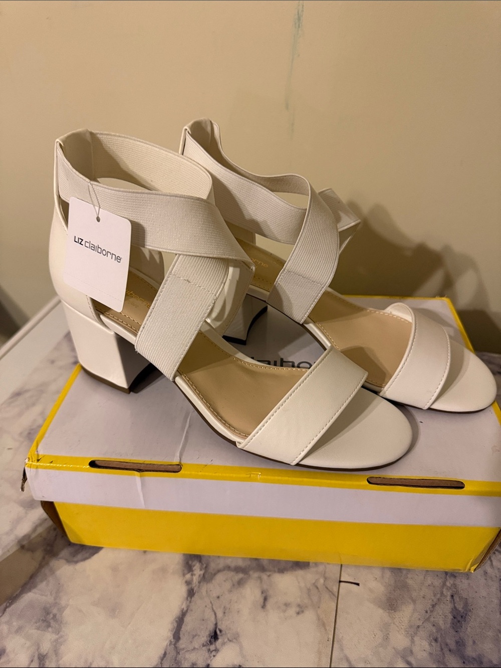 Liz Claiborne White Elastic Strap Block Heel Sandals